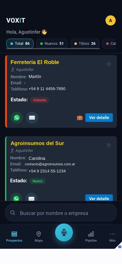 Prospectos en la app de VOXIT