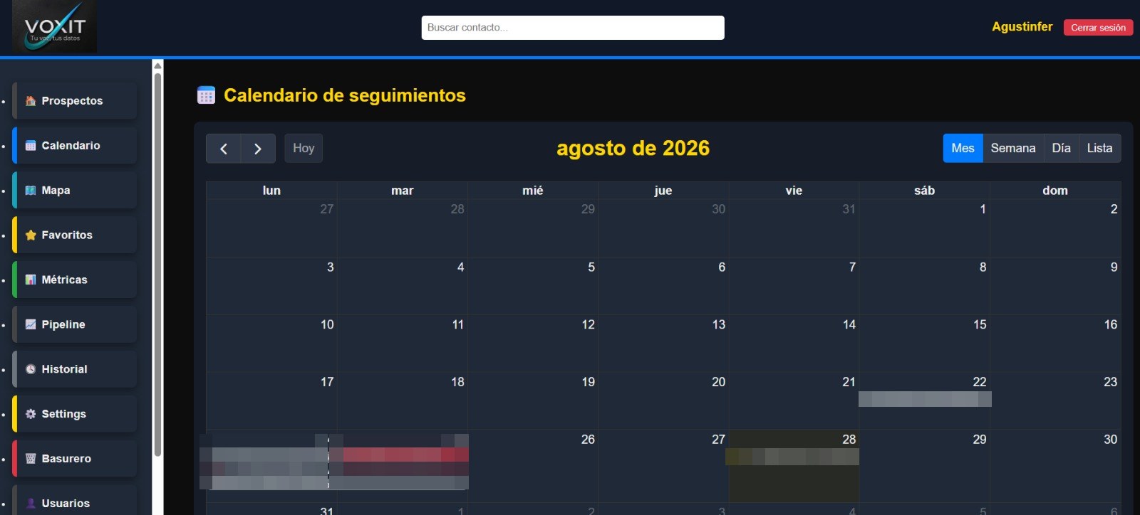 Calendario de seguimientos de VOXIT CRM